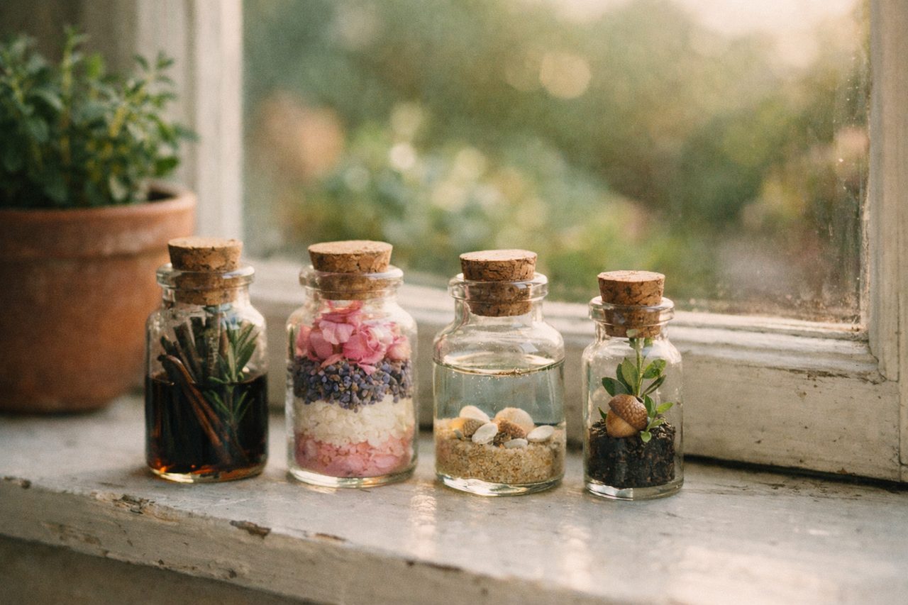 Four small corked bottles on a white windowsill: one with nails and rosemary in dark liquid, one with rose petals, lavender and sugar, one with sand and tiny seashells, and a tiny vial with soil, an acorn and herbs