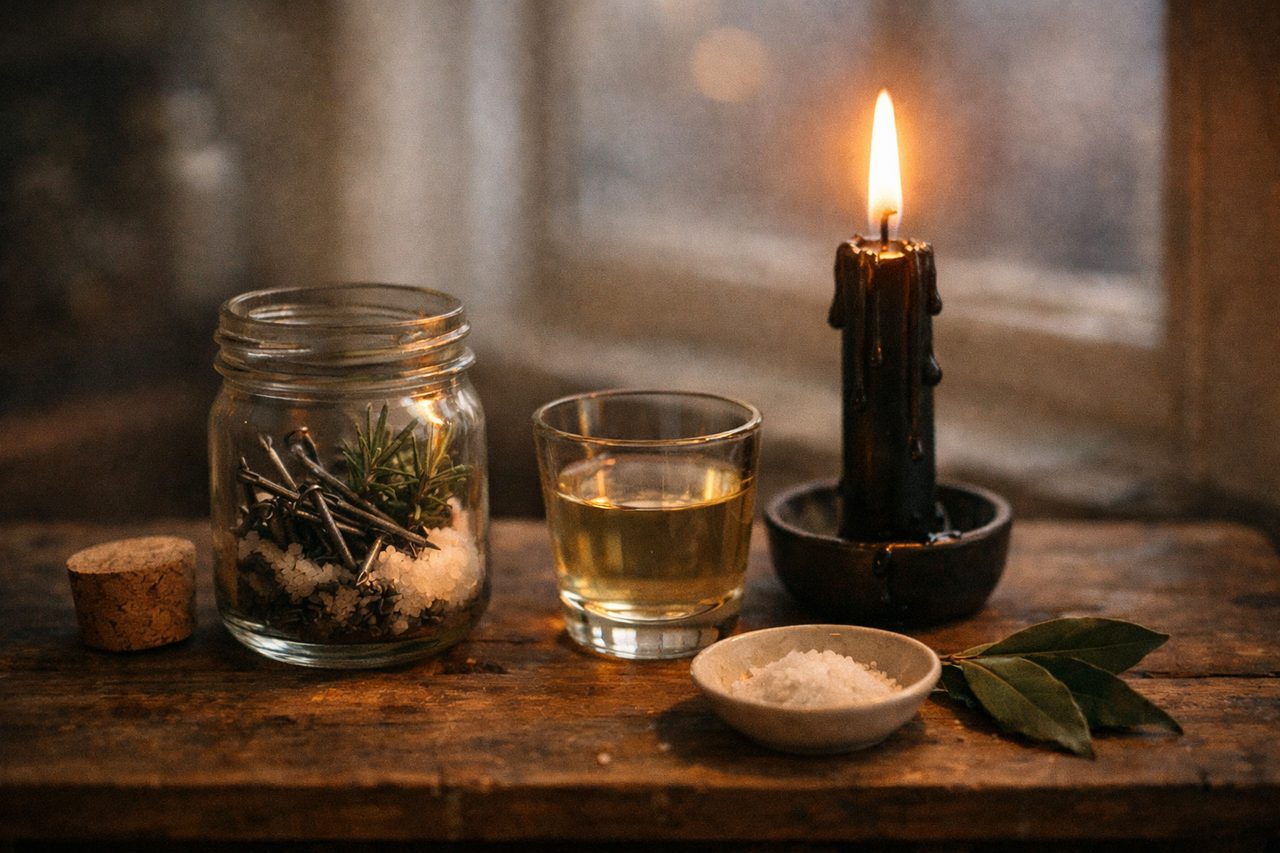 A small glass jar half filled with iron nails, bent pins, rosemary and salt on a wooden altar, with a lit black candle dripping wax, a glass of vinegar, a dish of salt and a sprig of bay