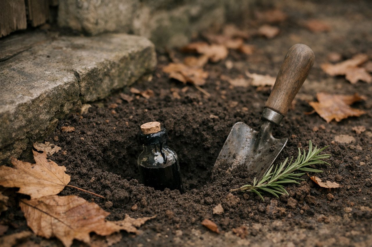 A small dark corked bottle set in a freshly dug hole beside an old stone doorstep, with a garden trowel, fallen leaves and a sprig of rosemary