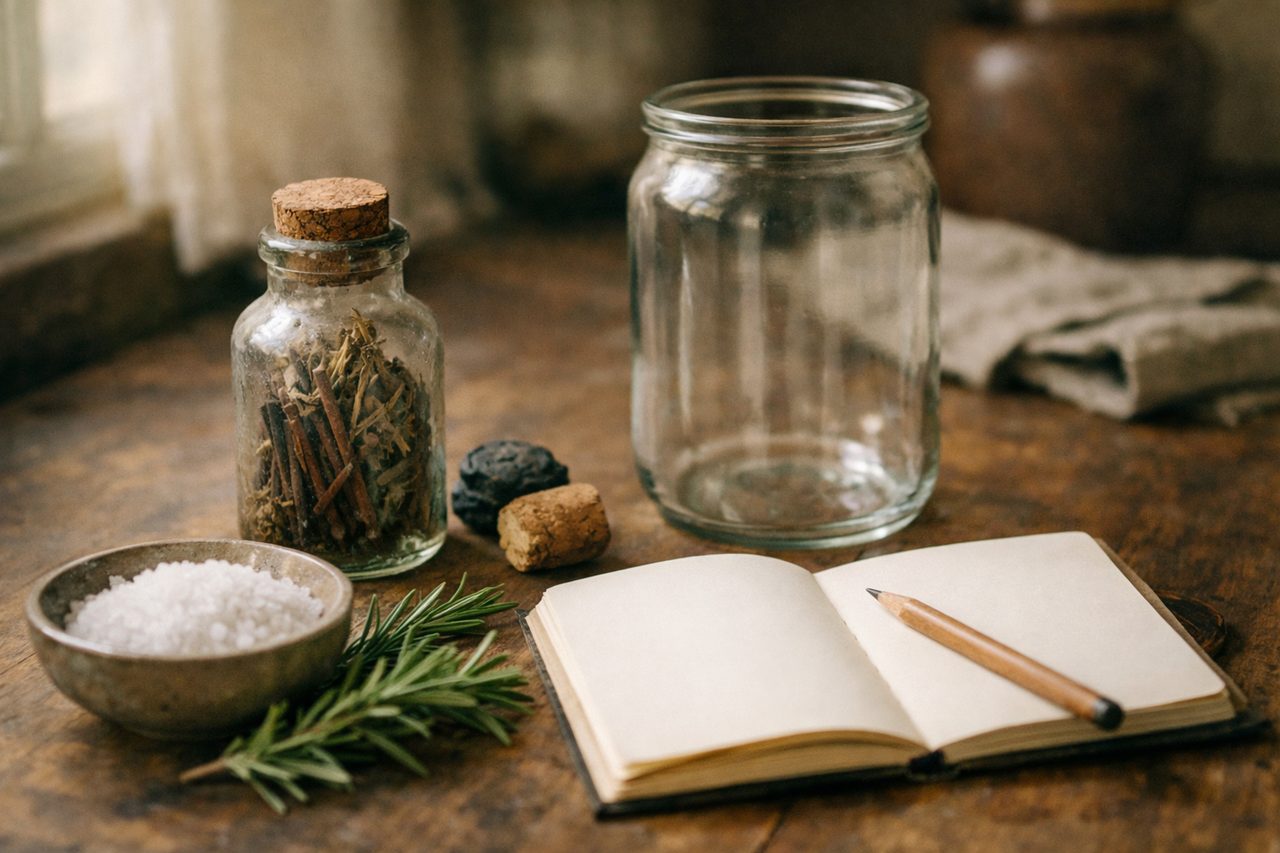 An old corked bottle of faded herbs beside a fresh empty jar, a bowl of clean salt, fresh rosemary and an open notebook on a kitchen table