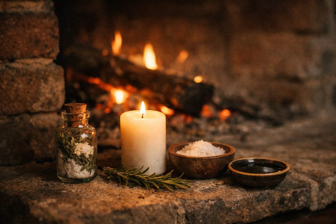 An old brick hearth with a low fire, and on the hearth ledge a small corked bottle of herbs and salt, a lit white pillar candle, a bowl of salt, rosemary and a dish of water