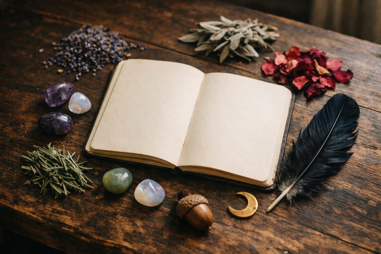 A flat lay of dried lavender, sage, rosemary and rose petals with tumbled crystals, a raven feather, an acorn and a brass moon charm around an empty notebook