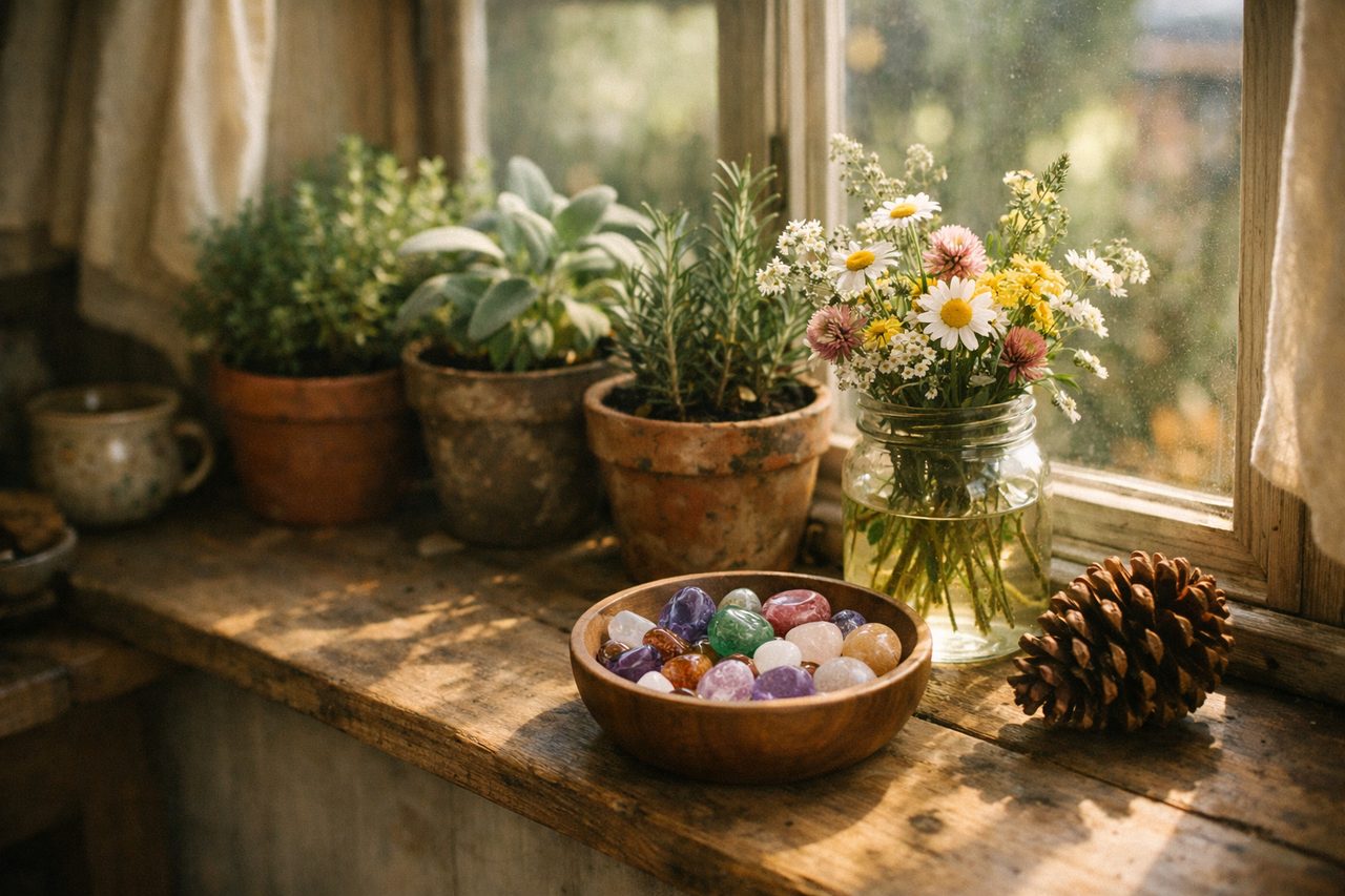 A windowsill garden with potted thyme, sage and rosemary, a jar of wildflowers, a bowl of tumbled gemstones and a pine cone in morning light