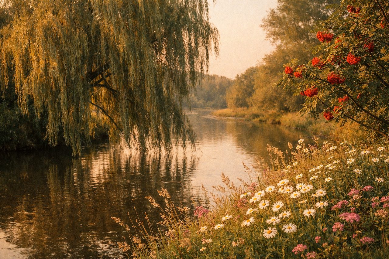 A large willow tree trailing its branches into a calm river at golden hour, with wildflowers on the bank and a rowan tree with red berries nearby