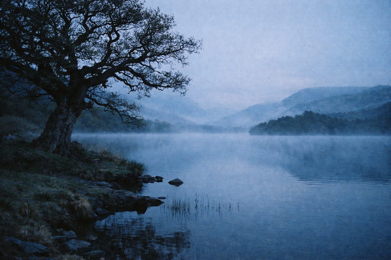 A misty lake at blue hour with an ancient oak on the shore and distant hills, evoking Arthurian and Welsh legend