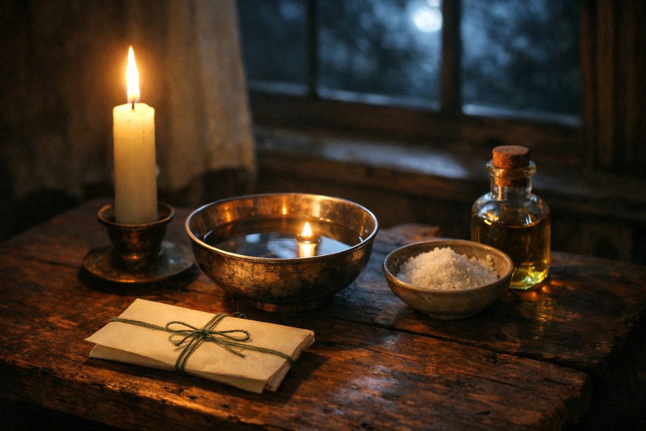 A small altar at night with a lit white candle, a silver bowl of water reflecting the flame, a dish of salt, a bottle of oil and a slip of paper tied with green thread