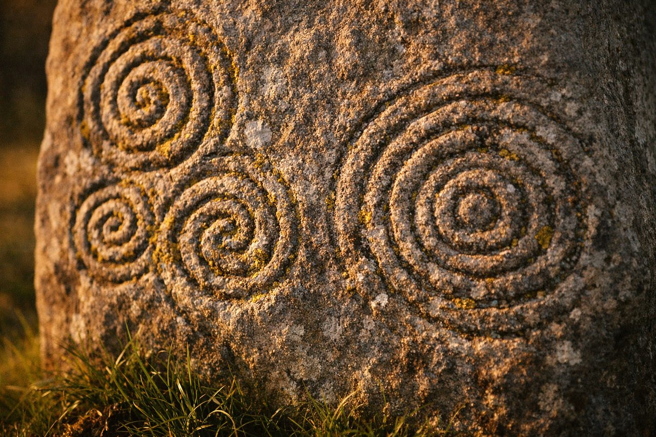 Ancient carved spirals and circles on a weathered standing stone with lichen in the grooves, lit by low golden light