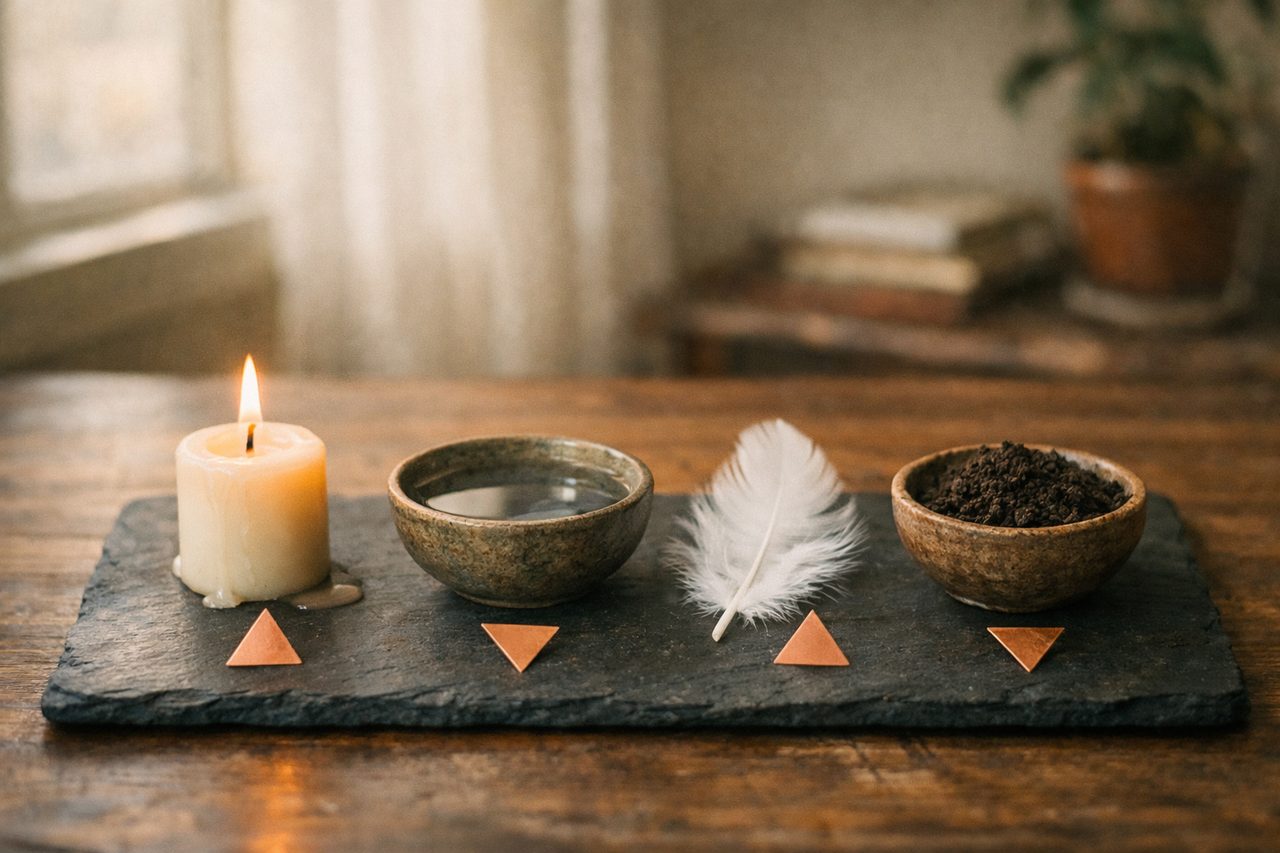 A lit candle, a bowl of water, a white feather and a bowl of soil on slate, each with a small copper triangle representing its element
