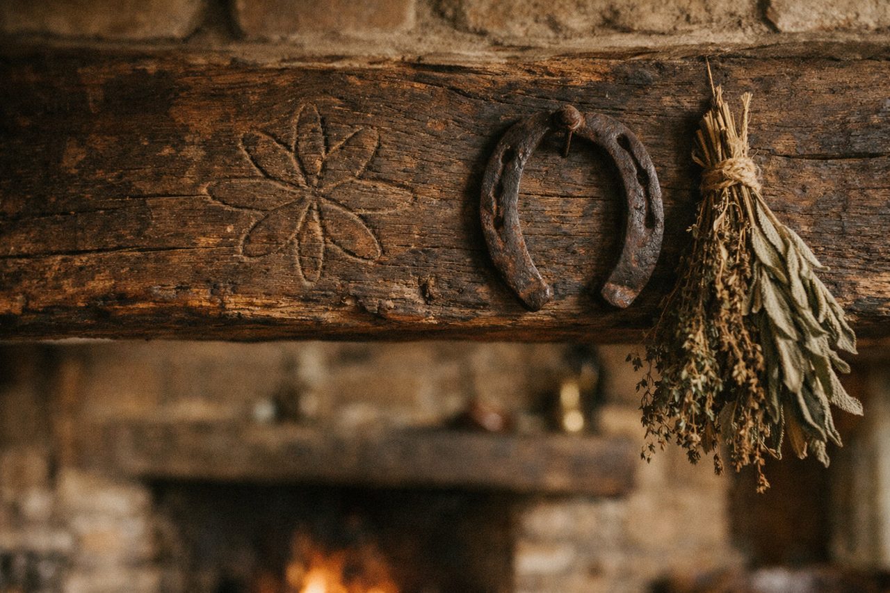 An old oak beam near a stone fireplace with a faint six-petaled daisy wheel scratched into the wood, an iron horseshoe and dried herbs nearby