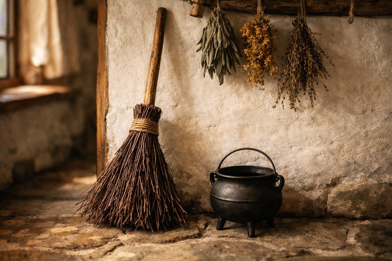 A handmade twig besom broom against a whitewashed wall beside a small black cast-iron cauldron, with dried herbs hanging above