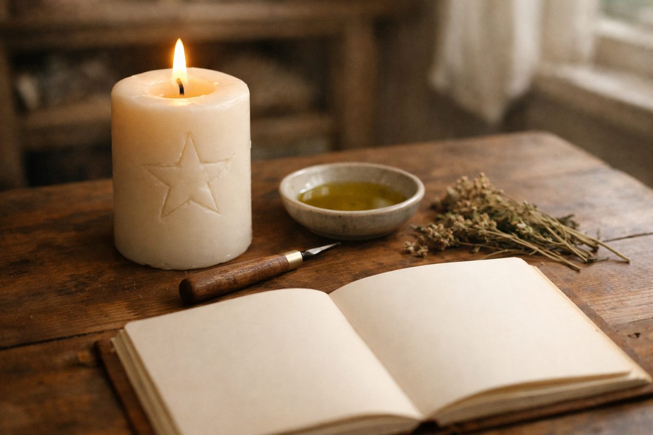 A white pillar candle with a five-pointed star carved into the wax beside a carving pin, a dish of oil, dried herbs and an open notebook