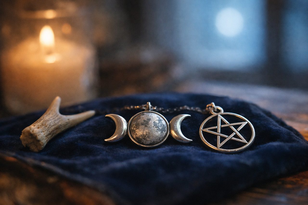 A silver triple moon pendant with a full moon between two crescents on dark velvet beside a pentacle pendant and an antler tip