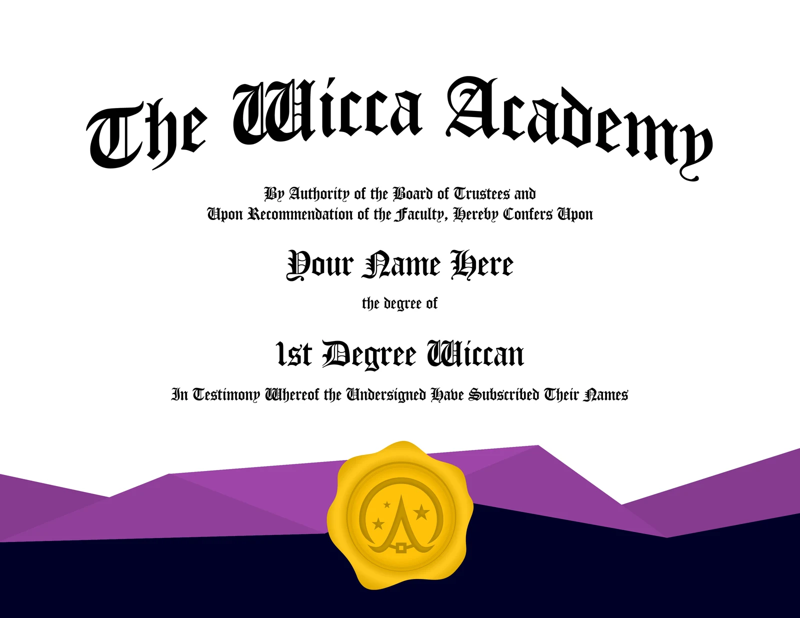 1st Degree Wiccan certificate