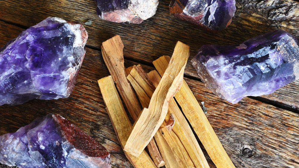 Wood and purple crystals