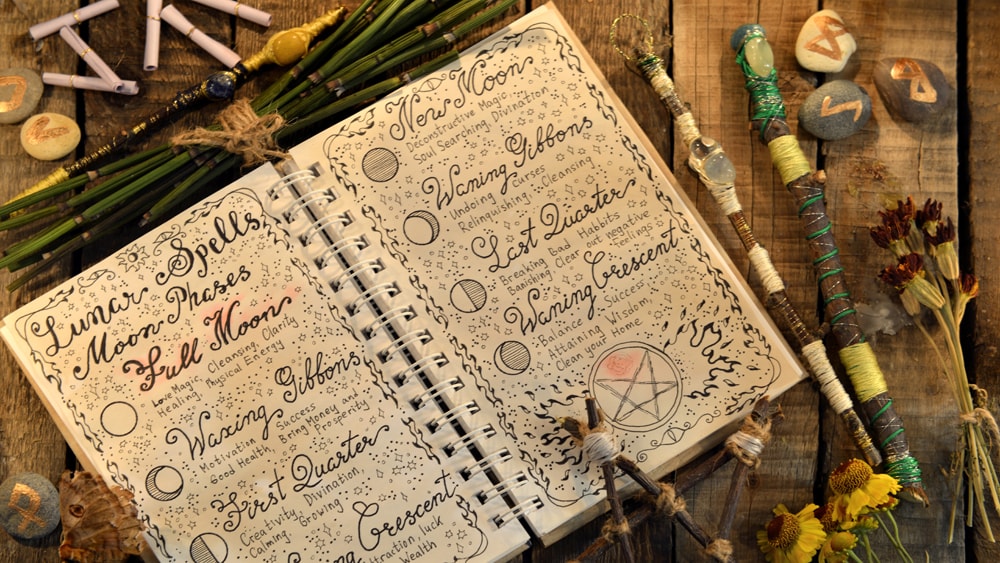 A book of shadows with lunar spells surrounded by an assortment of wands