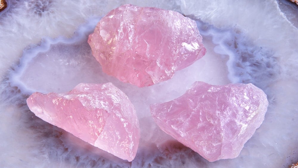 Rough rose quartz crystals