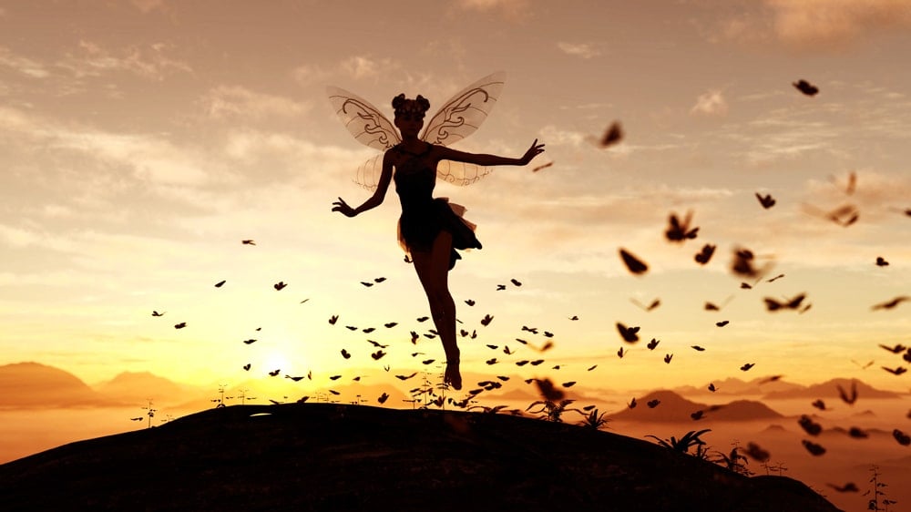 A fairy flying with a group of butterflies in front of a sunset