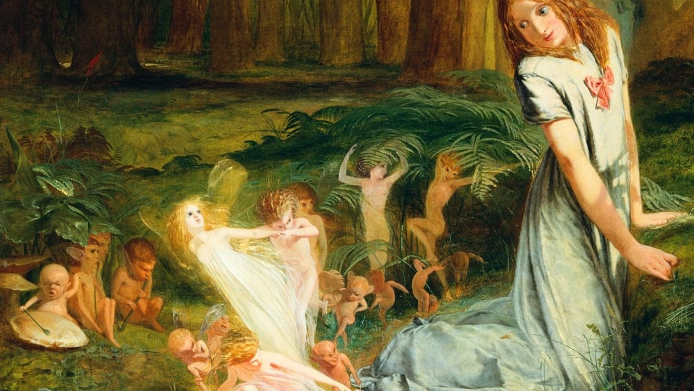 A playful group of faeries interacting with a girl in the forest