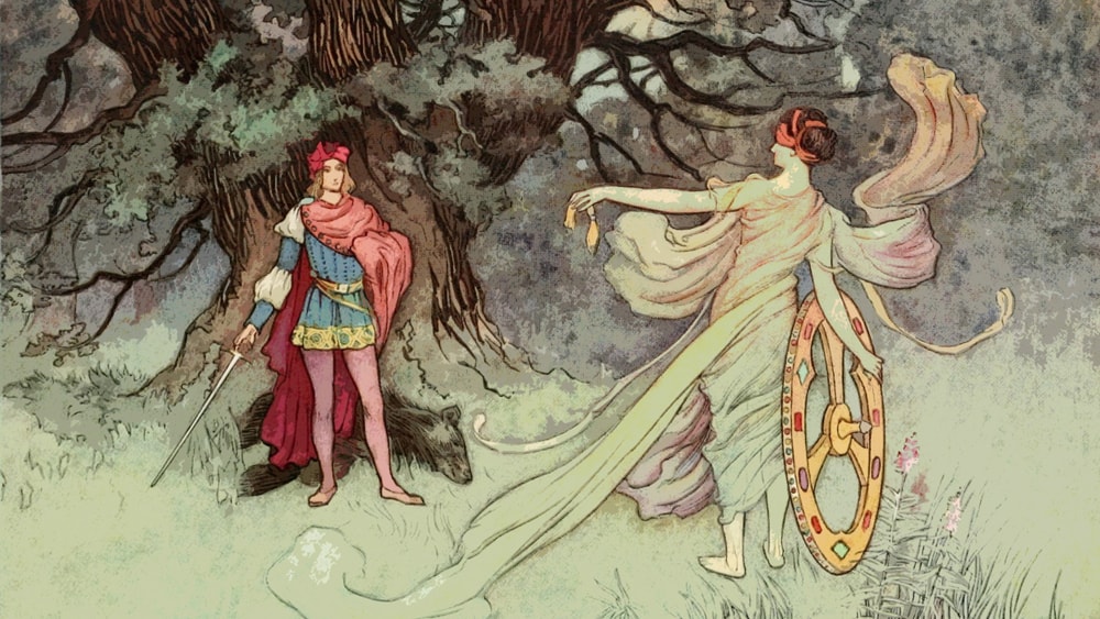 A faery interacting with a noble man