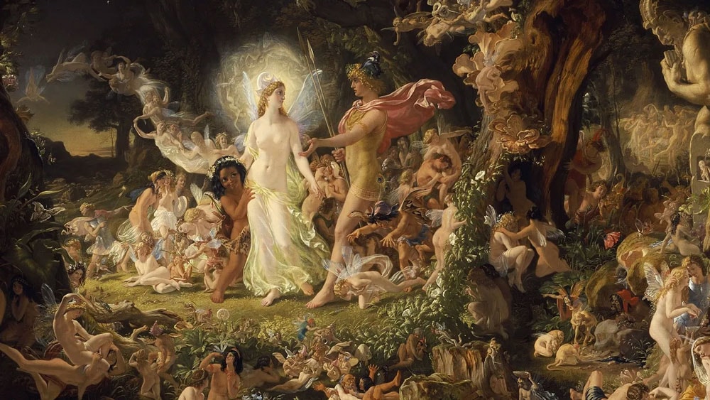 A large group of faeries convening in the forest