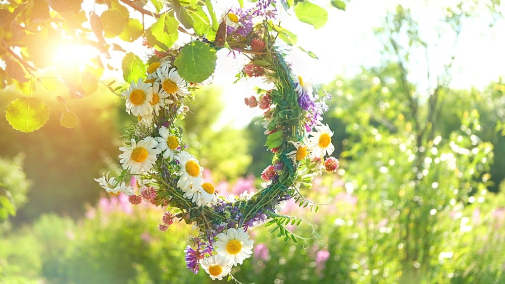 a flower crown hanging from a branch