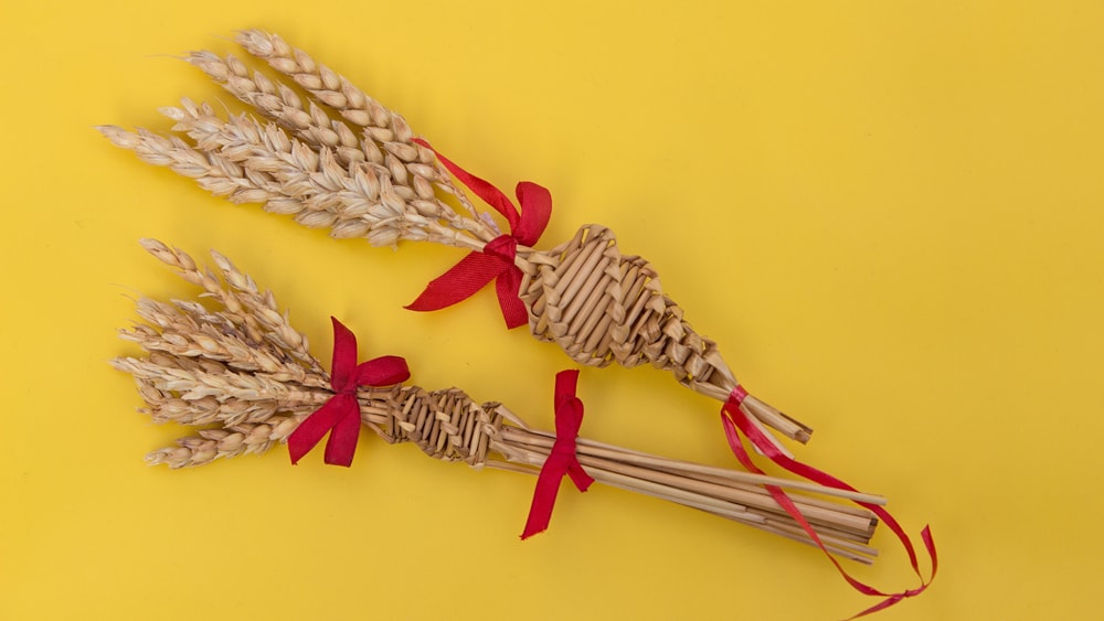 Two corn dollies made with wheat and red ribbon