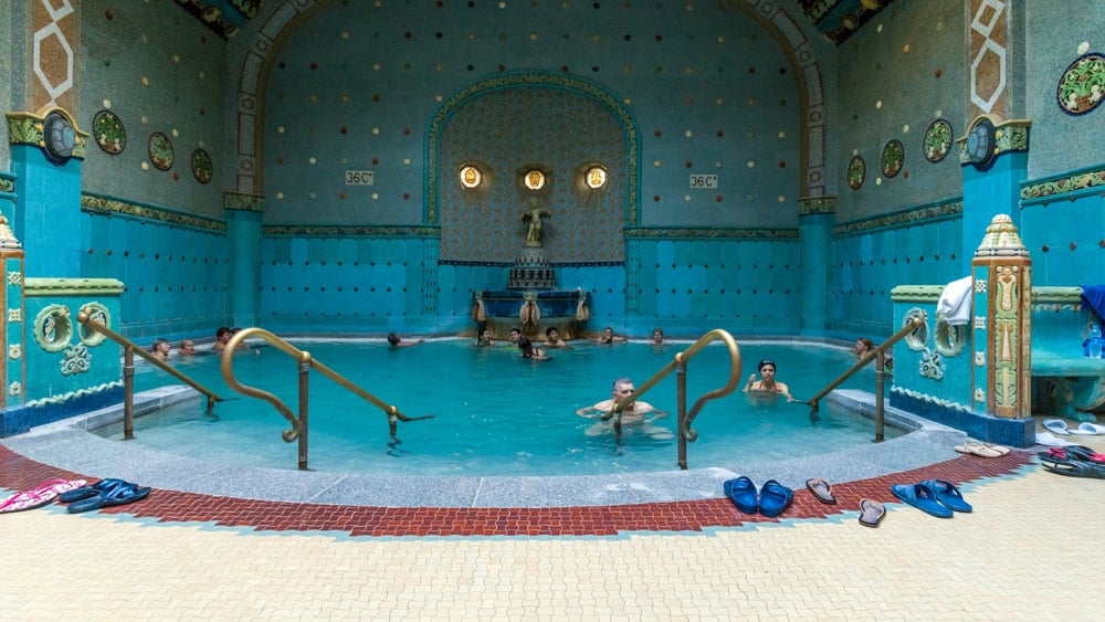 A group of people enjoying a modern bath house