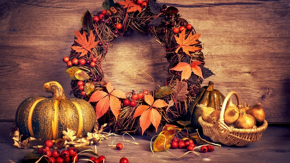 A Samhain wreath covered with leaves