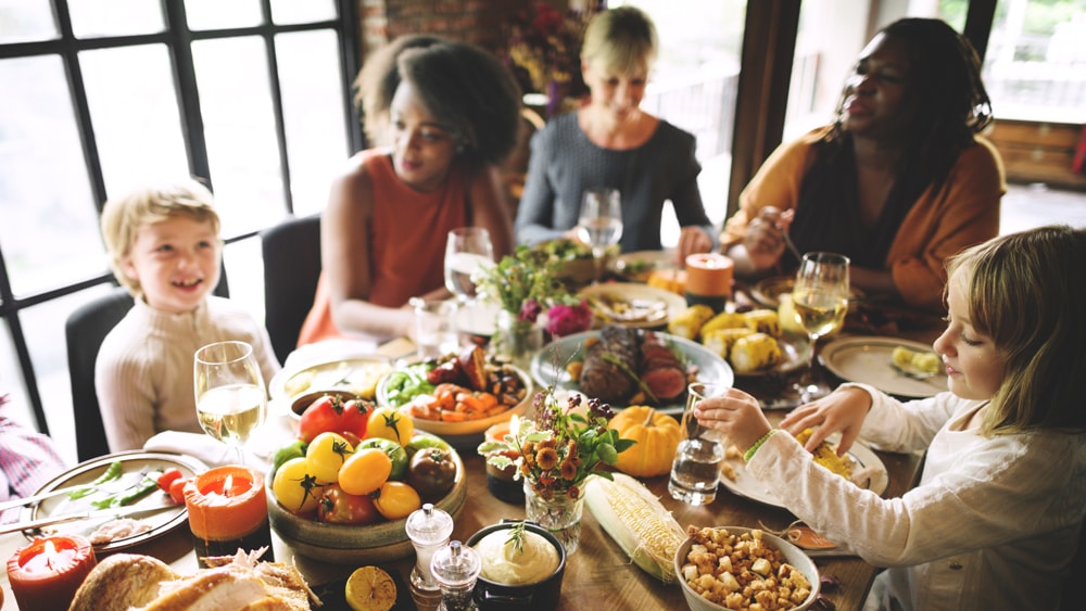 A family gathered for a Thanksgiving meal