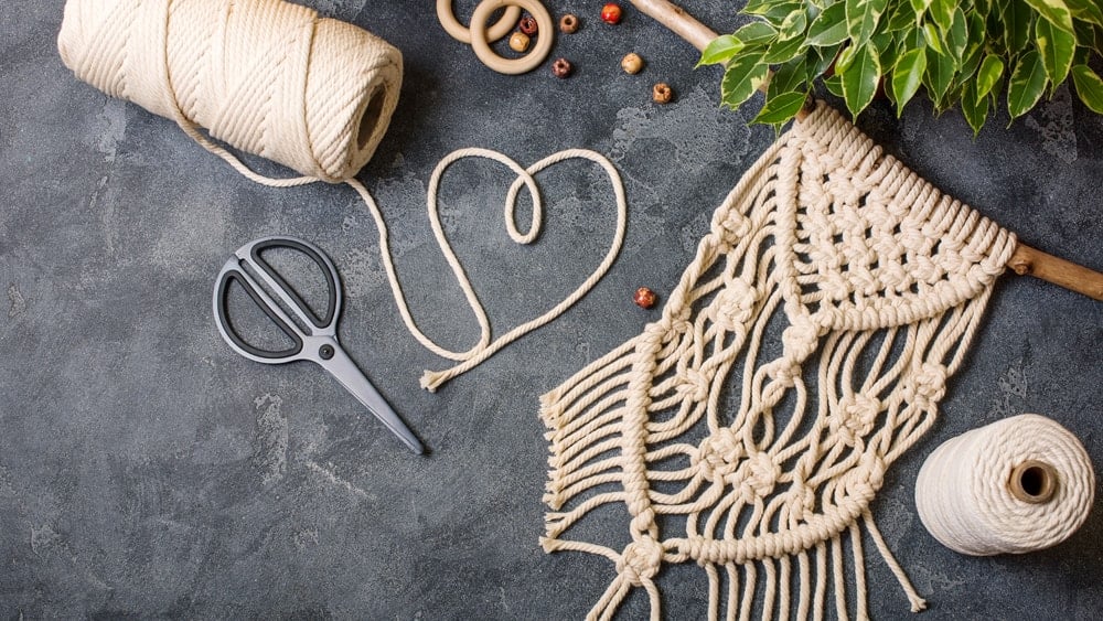 Yarn, scissors, and macrame