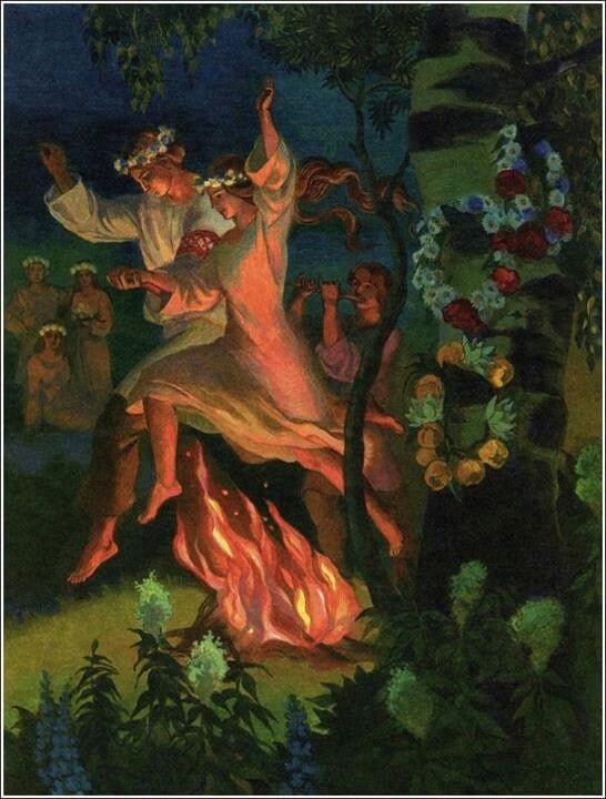An illustration of a Beltane bonfire ritual