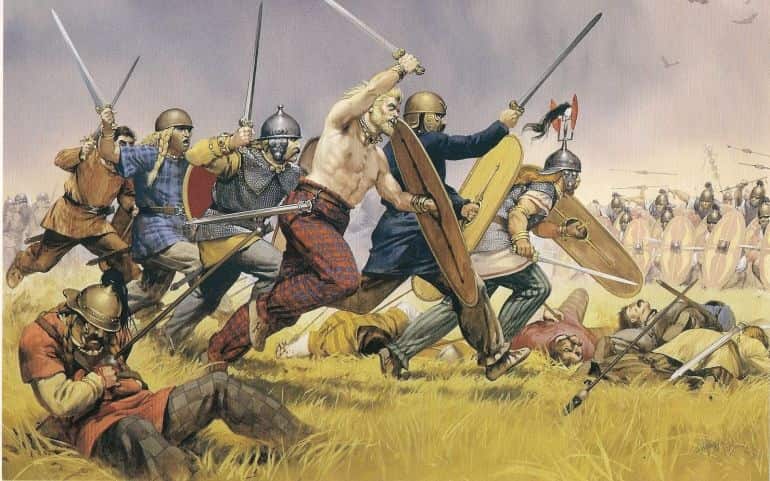 An illustration by Angus McBride of Celtic Pagans going into battle