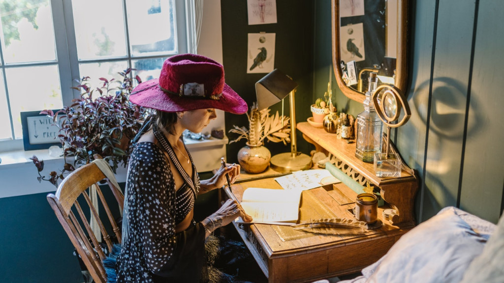 A witch working at her desk