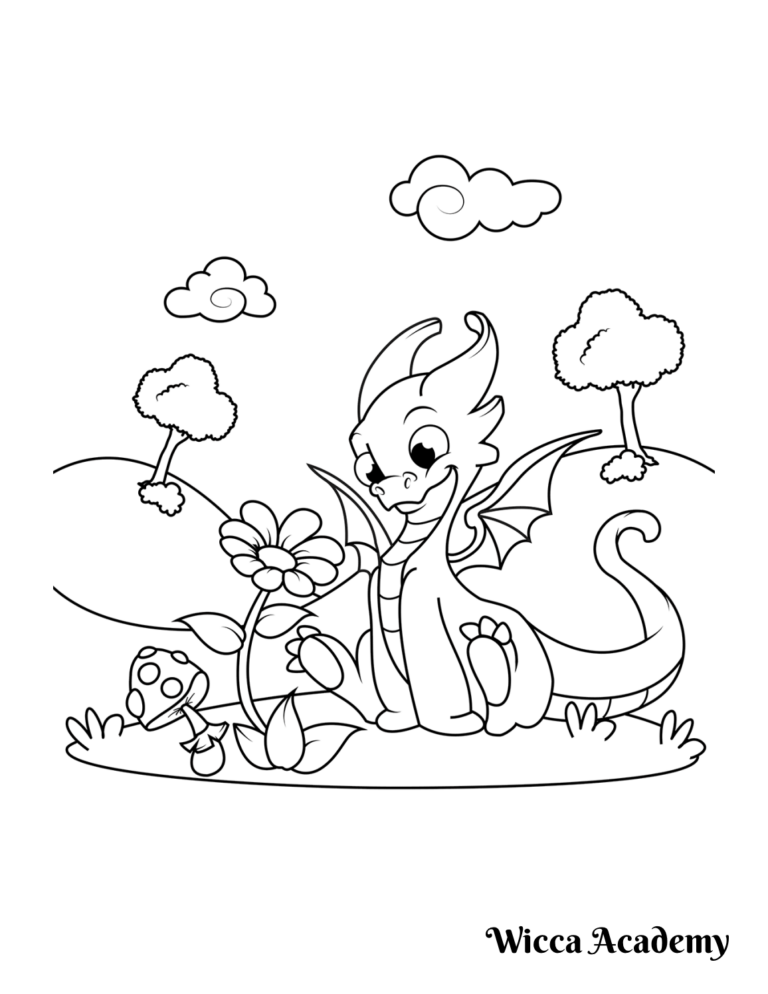 Cartoon Dragon Sniffing Flowers Coloring Page