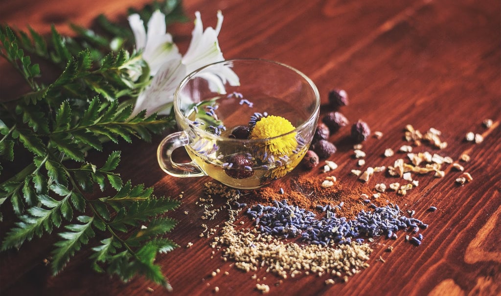 A cup of herbal tea surrounded by fragrant dried herbs