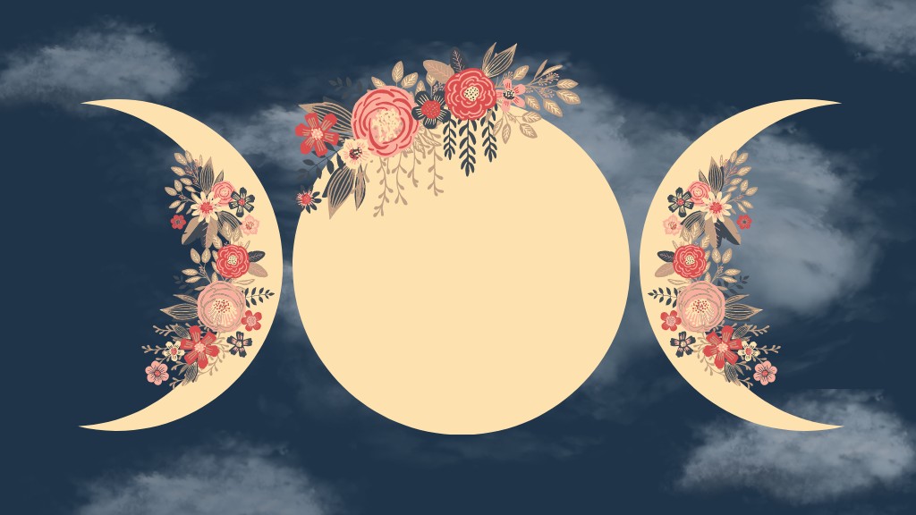 The Triple Moon Goddess symbol with bouquets of flowers