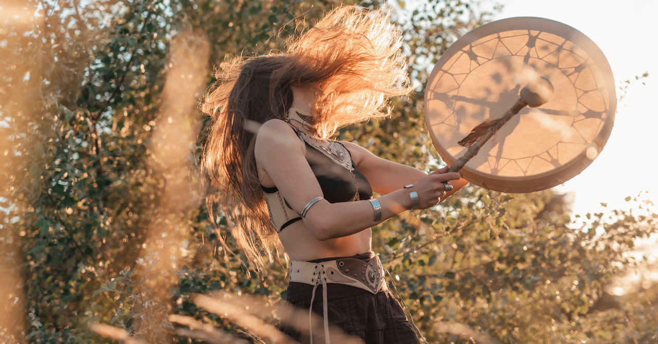 Evocation ritual of a young shaman tribal woman