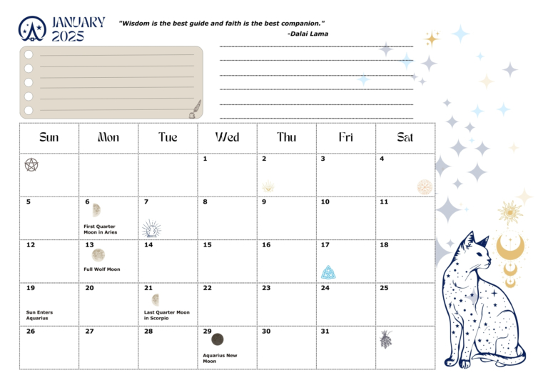 Wicca Academy January 2025 Monthly Calendar