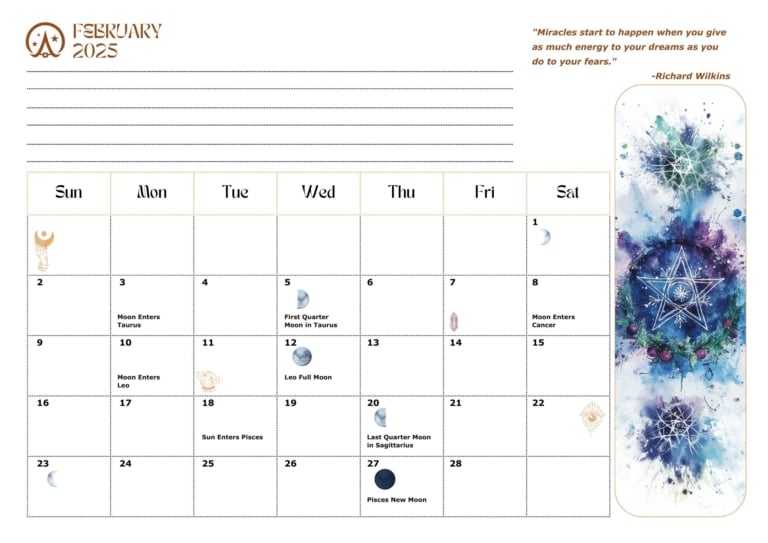 Wicca Academy February 2025 Monthly Calendar
