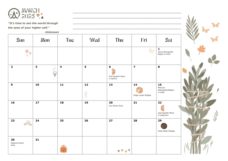Wicca Academy March 2025 Monthly Calendar